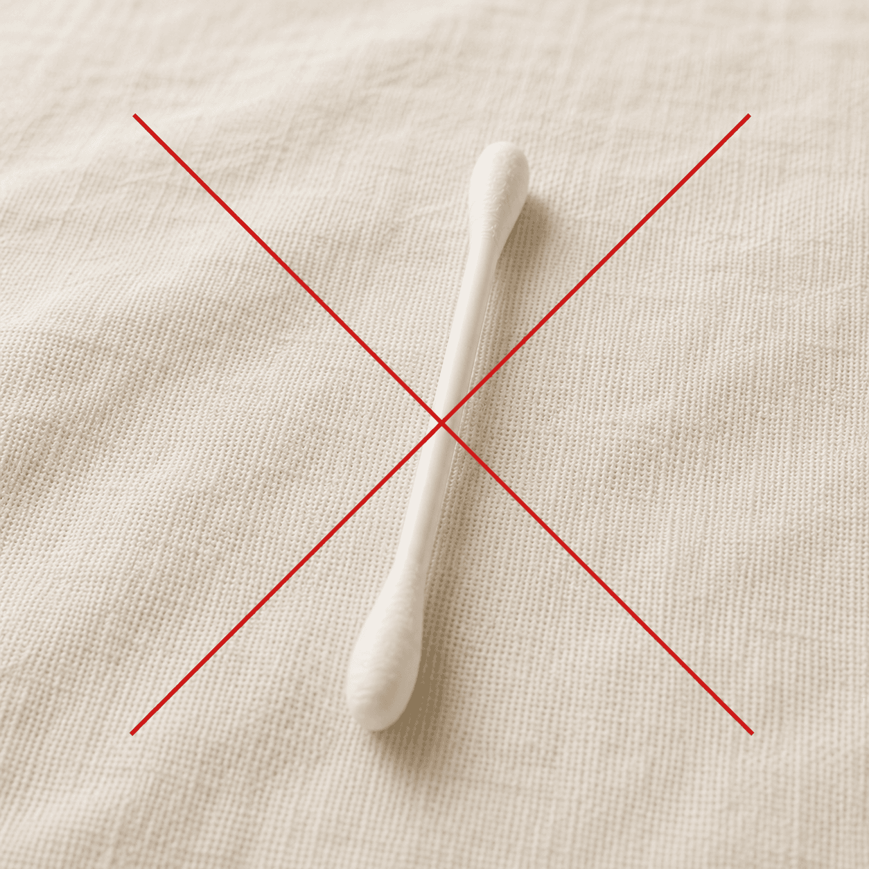 Q-tips med rødt kryss — ikke trygt for ørene